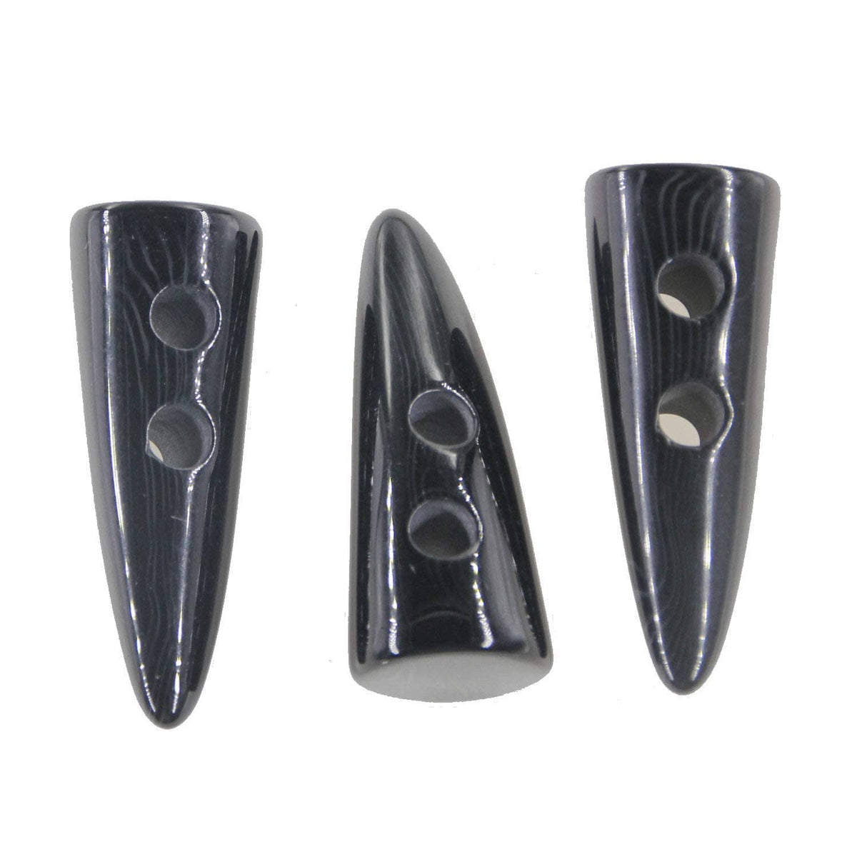Black resin horn-shaped toggle buttons with two holes, front view