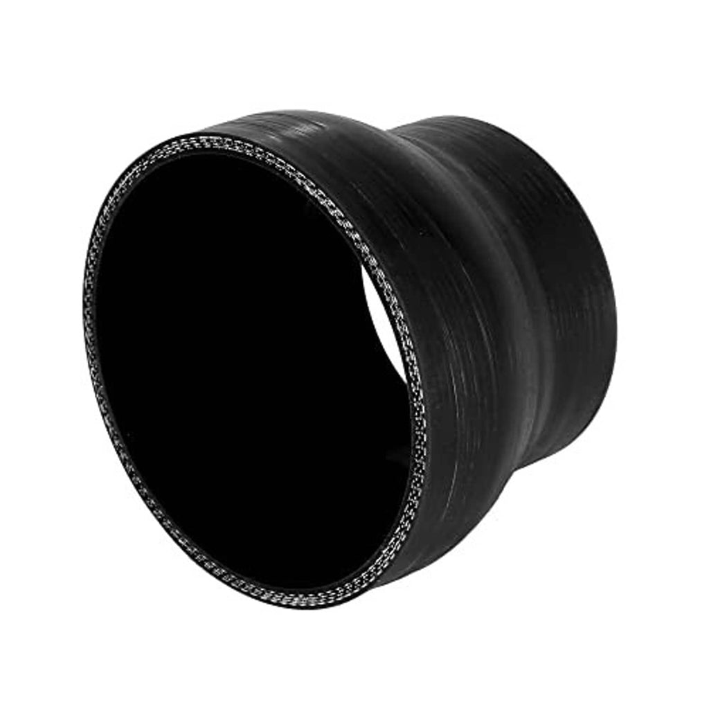 Black silicone reducer hose coupler, angled view with textured rim around both openings