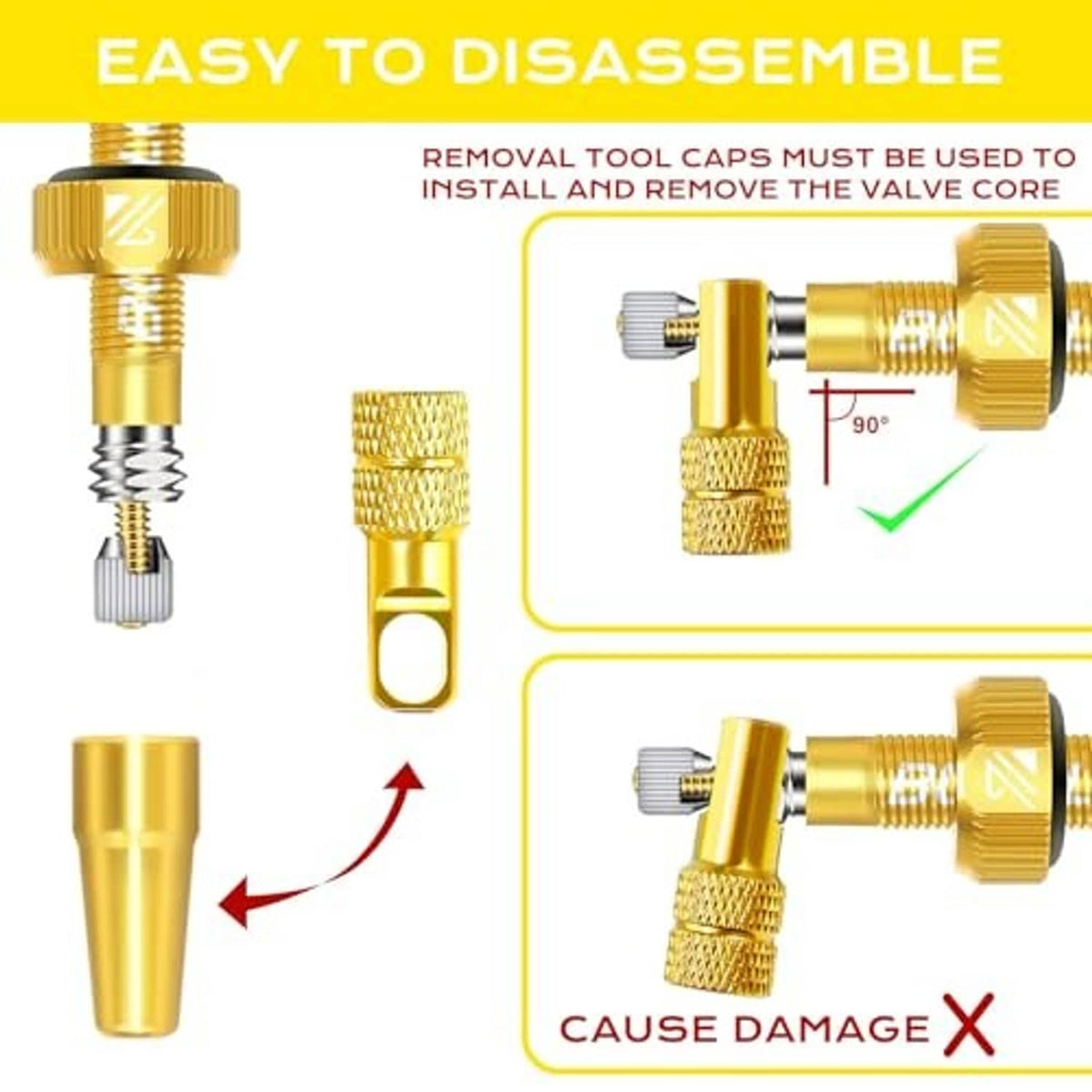 Gold Presta valve stem with knurled caps and threaded core, shown with disassembly parts.