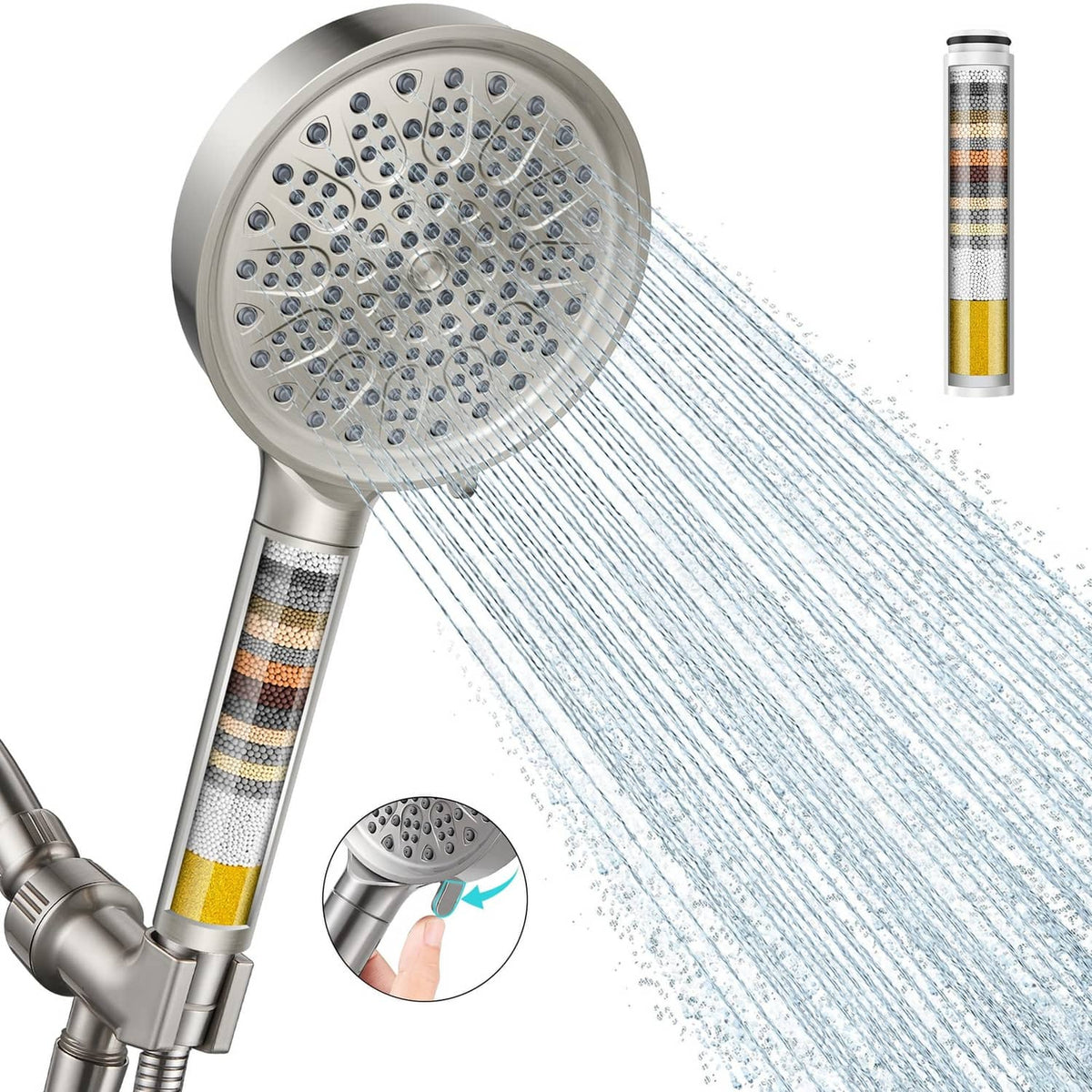 Brushed nickel filtered handheld shower head with multi-hole spray face and hose