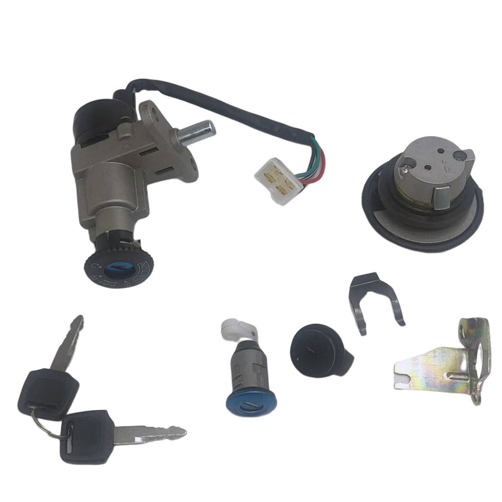 Scooter ignition switch, gas cap, keys, and mounting clips set with wiring