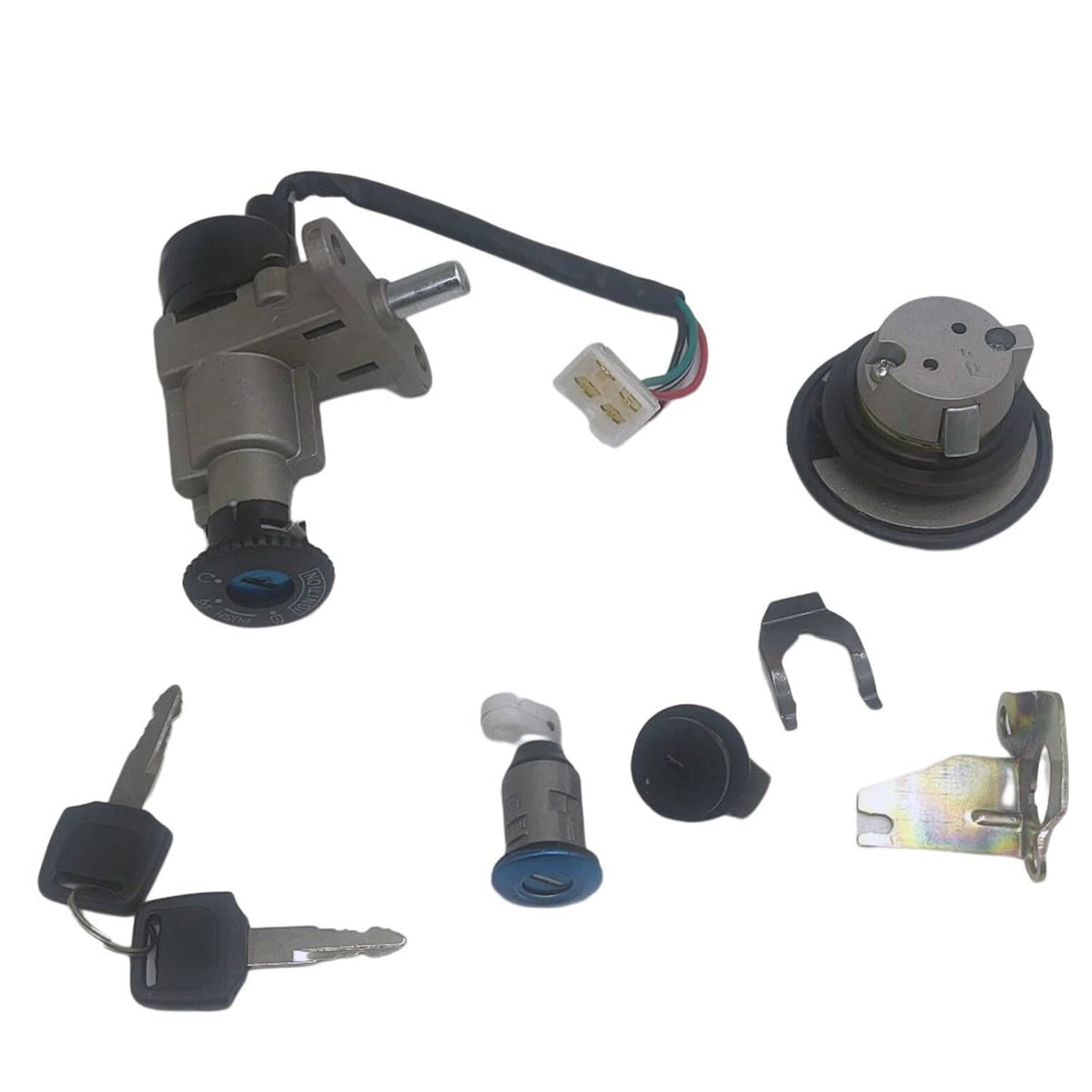 Scooter ignition switch, gas cap, keys, and mounting clips set with wiring