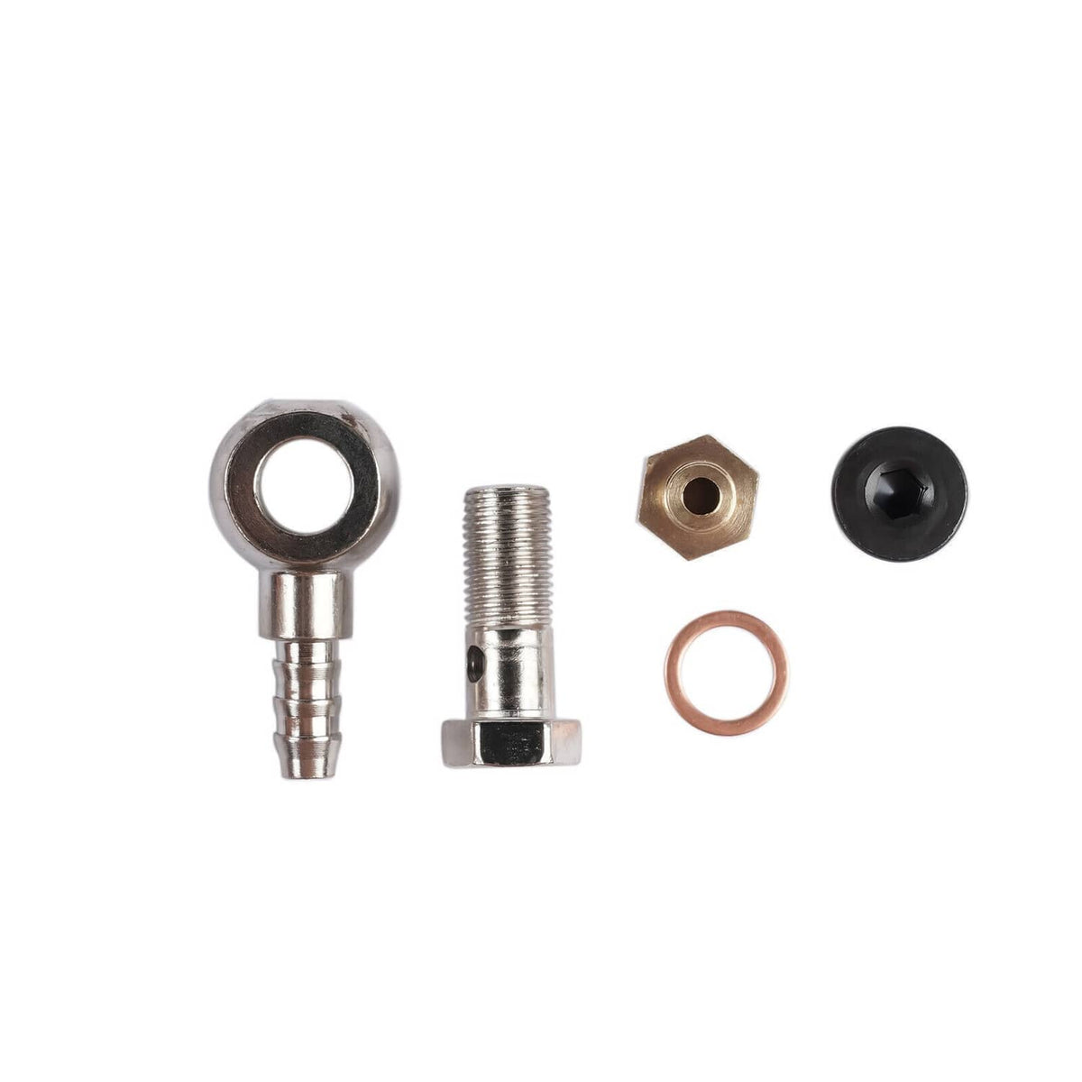 Turbo wastegate hardware set with fittings, gaskets, and sealing washers