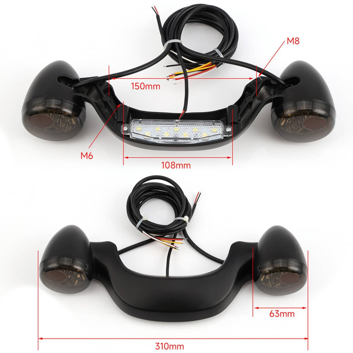 Black LED bullet light bar with smoked lenses, wiring harness, and measurement diagram.