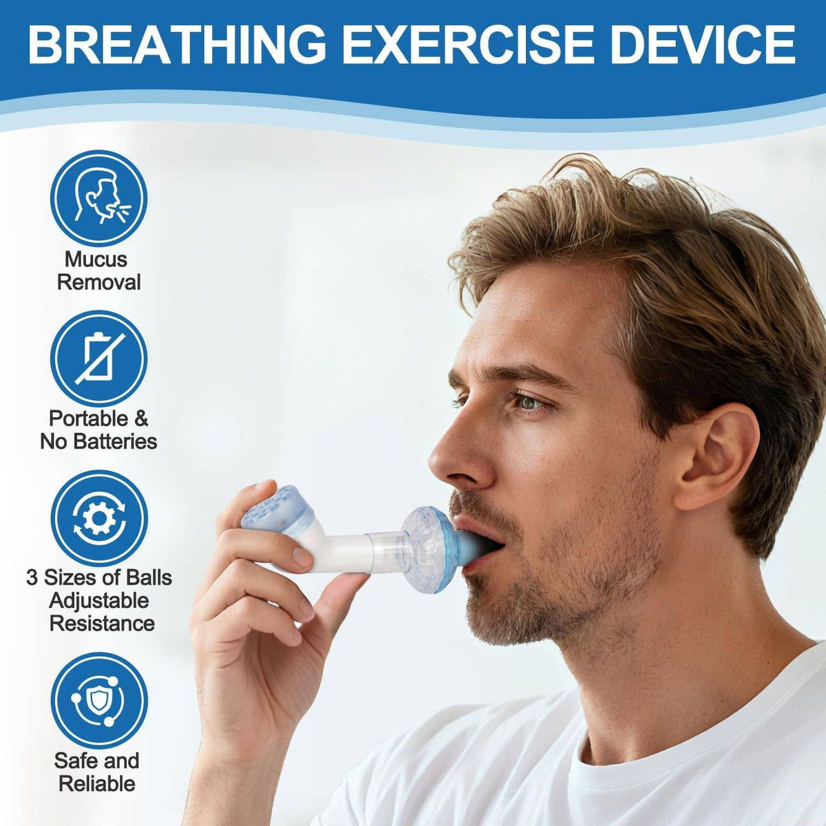 Breathing exercise device with mouthpiece and three-size blue ball attachments