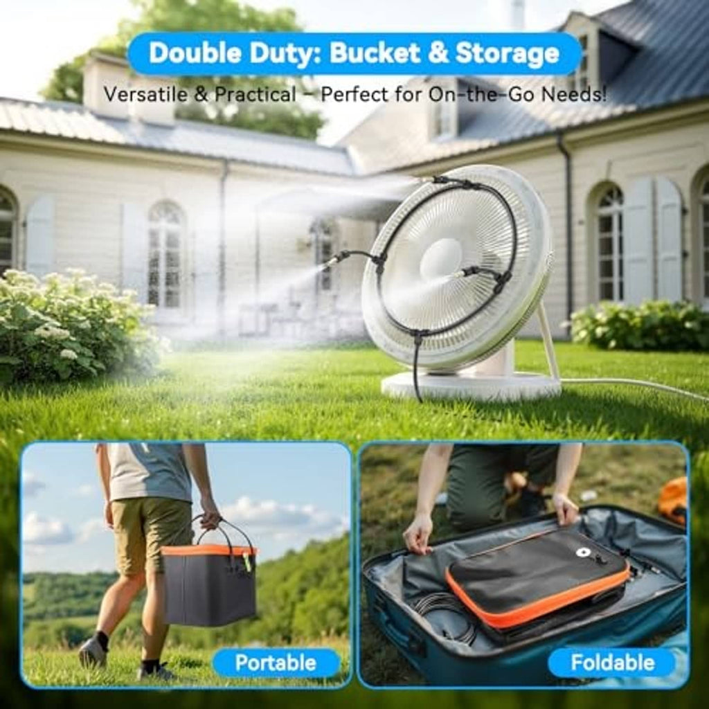 Portable misting bucket with orange-trim storage bag and connected hose for outdoor use