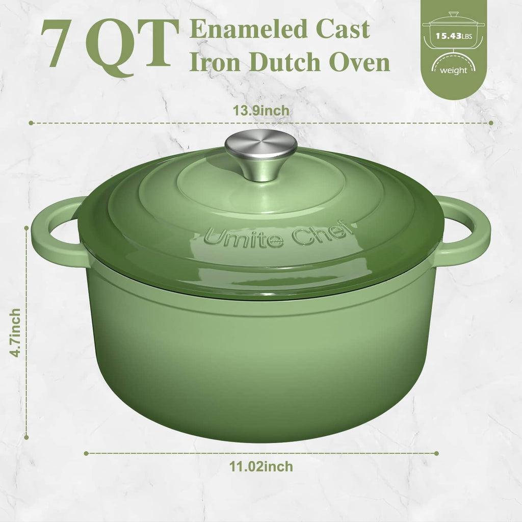 Sage green enameled cast iron Dutch oven with lid, size diagram shown