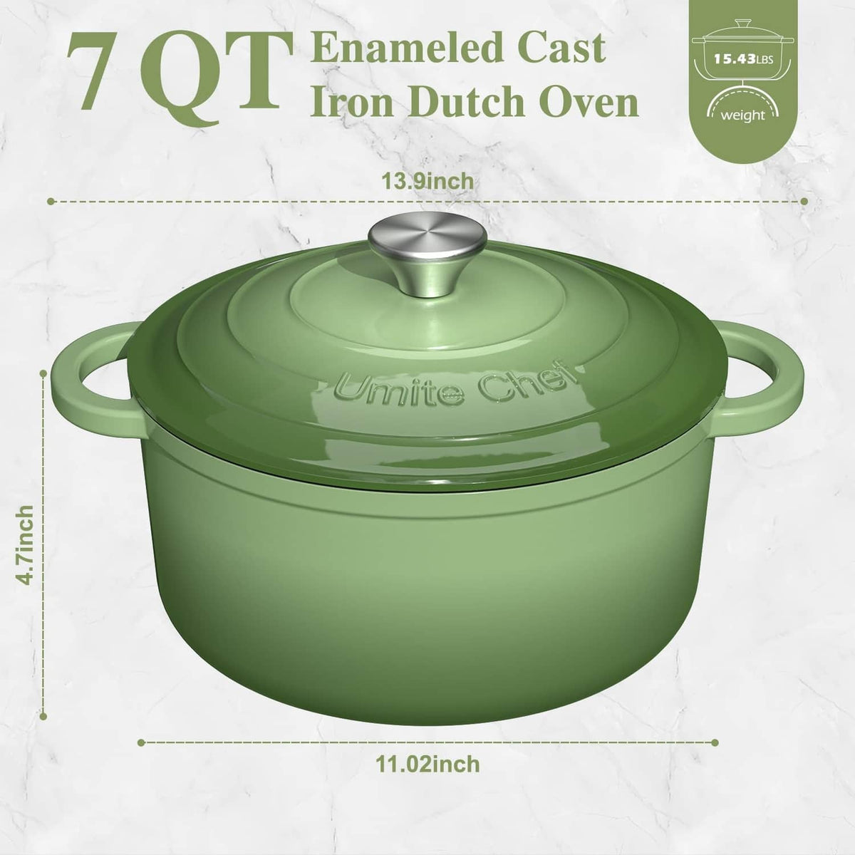Sage green enameled cast iron Dutch oven with lid, size diagram shown