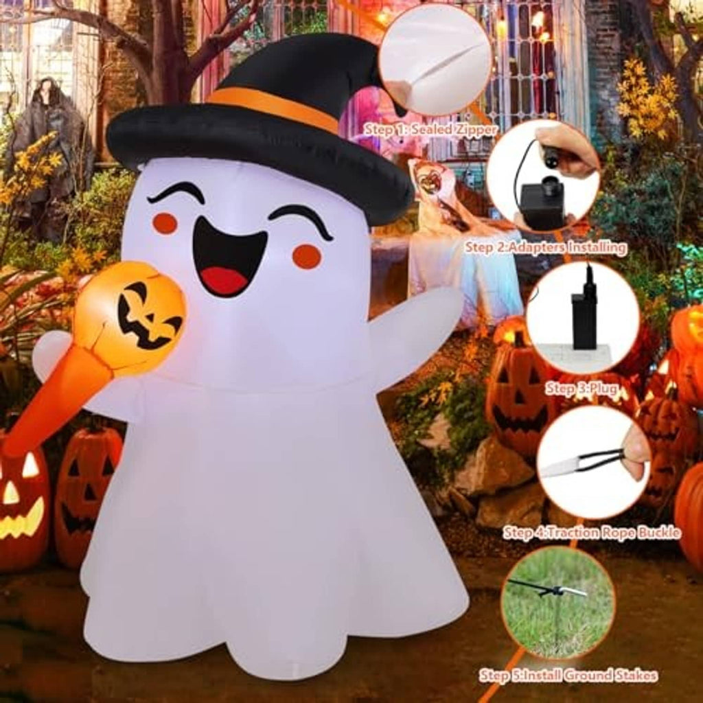 Inflatable white ghost with black witch hat and orange jack-o-lantern with blower and cord