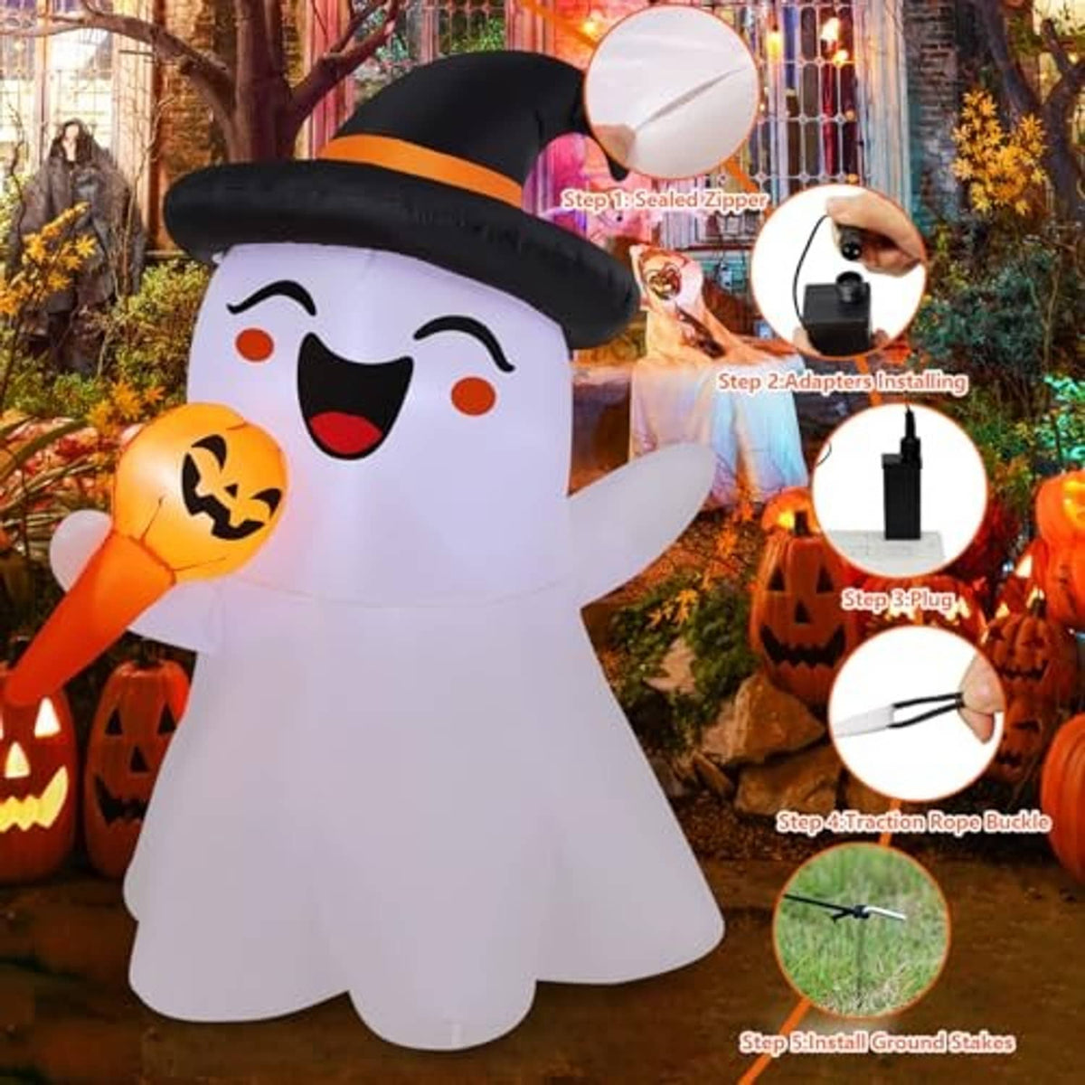 Inflatable white ghost with black witch hat and orange jack-o-lantern with blower and cord