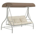 Outdoor porch swing canopy top in beige fabric with curved valance and grommet holes