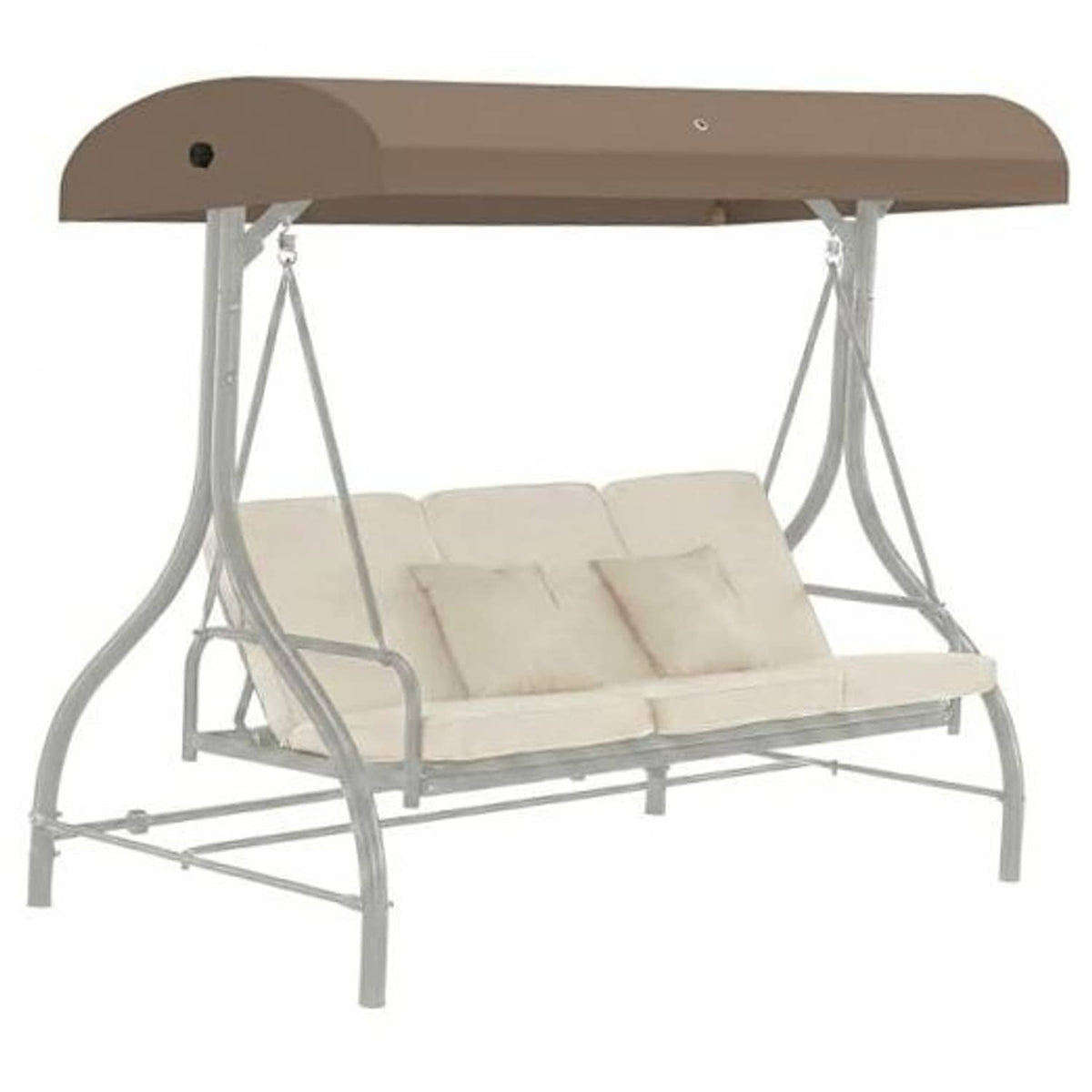 Outdoor porch swing canopy top in beige fabric with curved valance and grommet holes