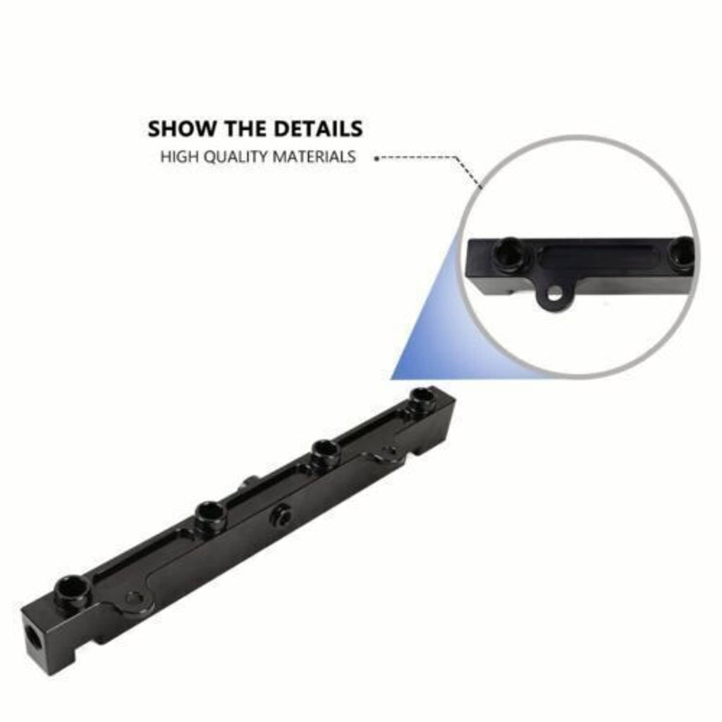 Black fuel rail mounting bar with bolt holes and port openings for regulator lines