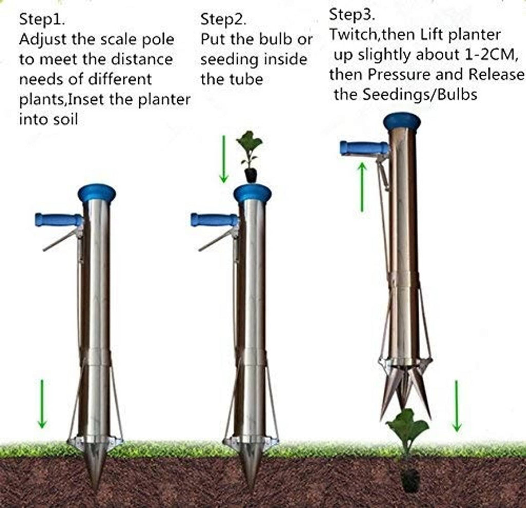 Long handled bulb planter tool with depth scale and pointed stainless planting tip
