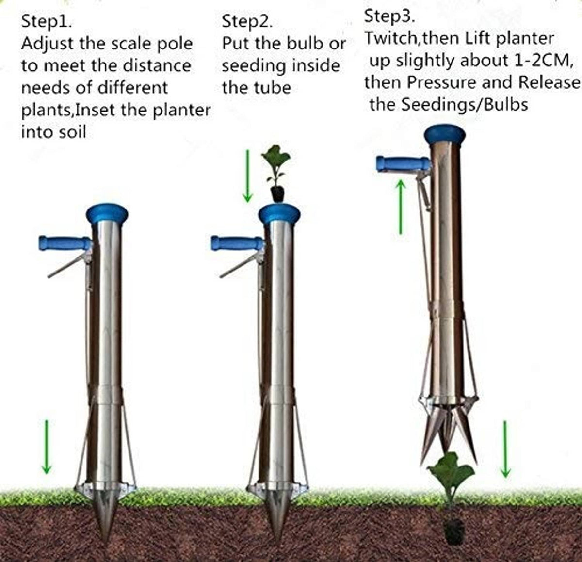 Long handled bulb planter tool with depth scale and pointed stainless planting tip