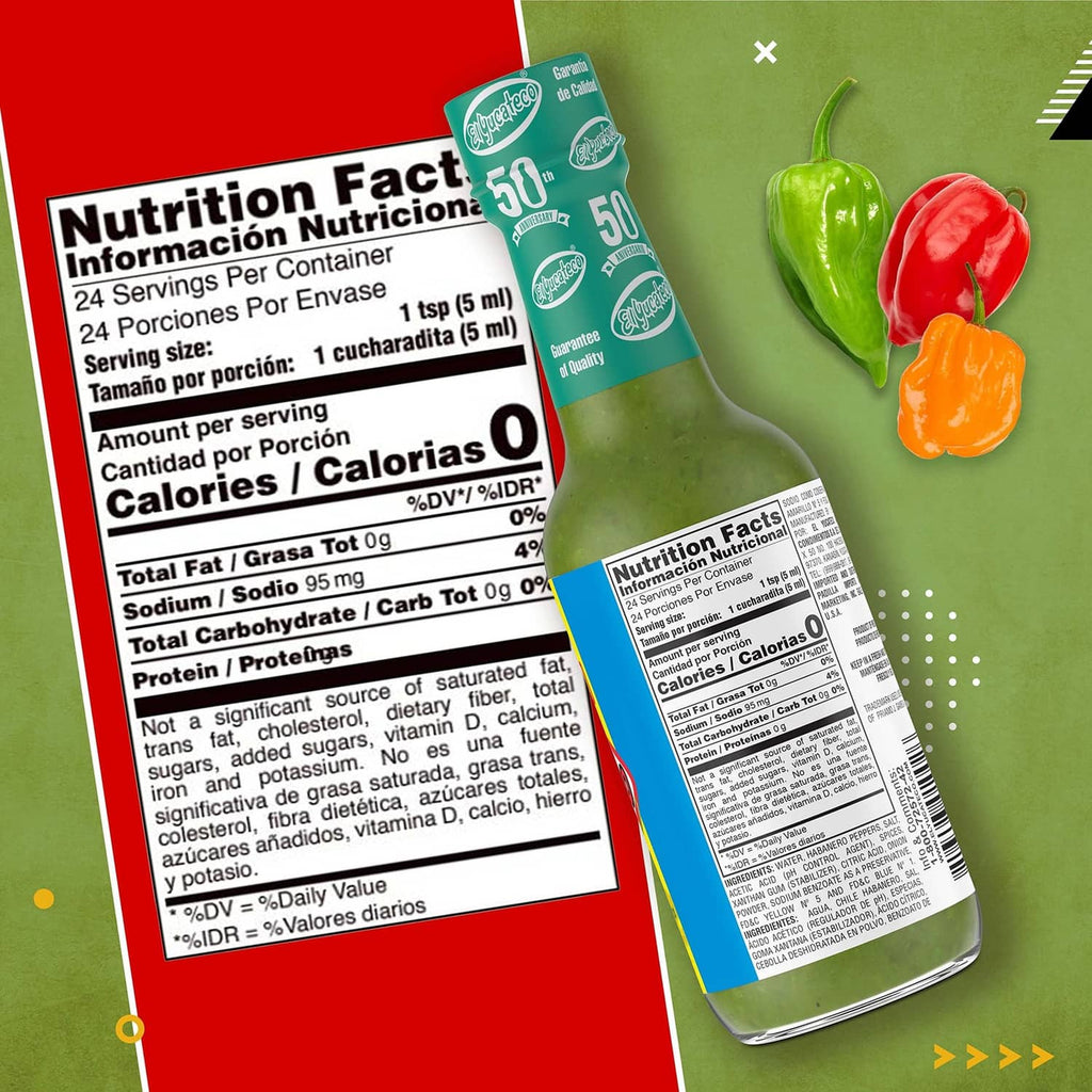 Green habanero hot sauce bottle with nutrition facts and ingredient label