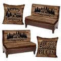 Brown RV dinette cushion cover set with “Happy Camping” and “Let the adventure begin” designs