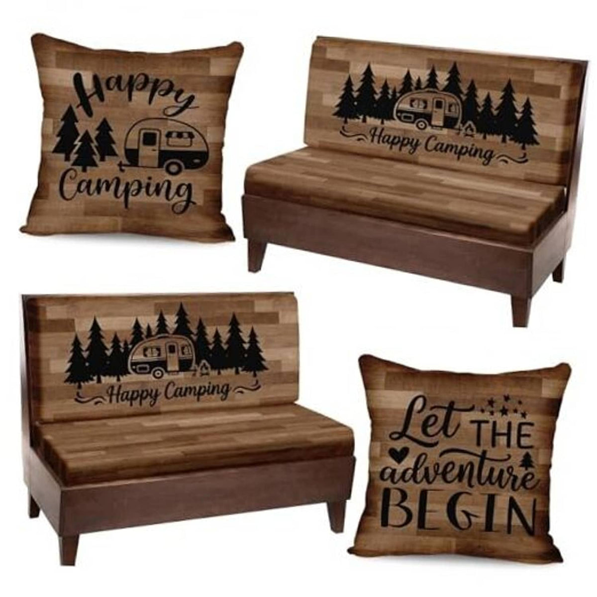 Brown RV dinette cushion cover set with “Happy Camping” and “Let the adventure begin” designs
