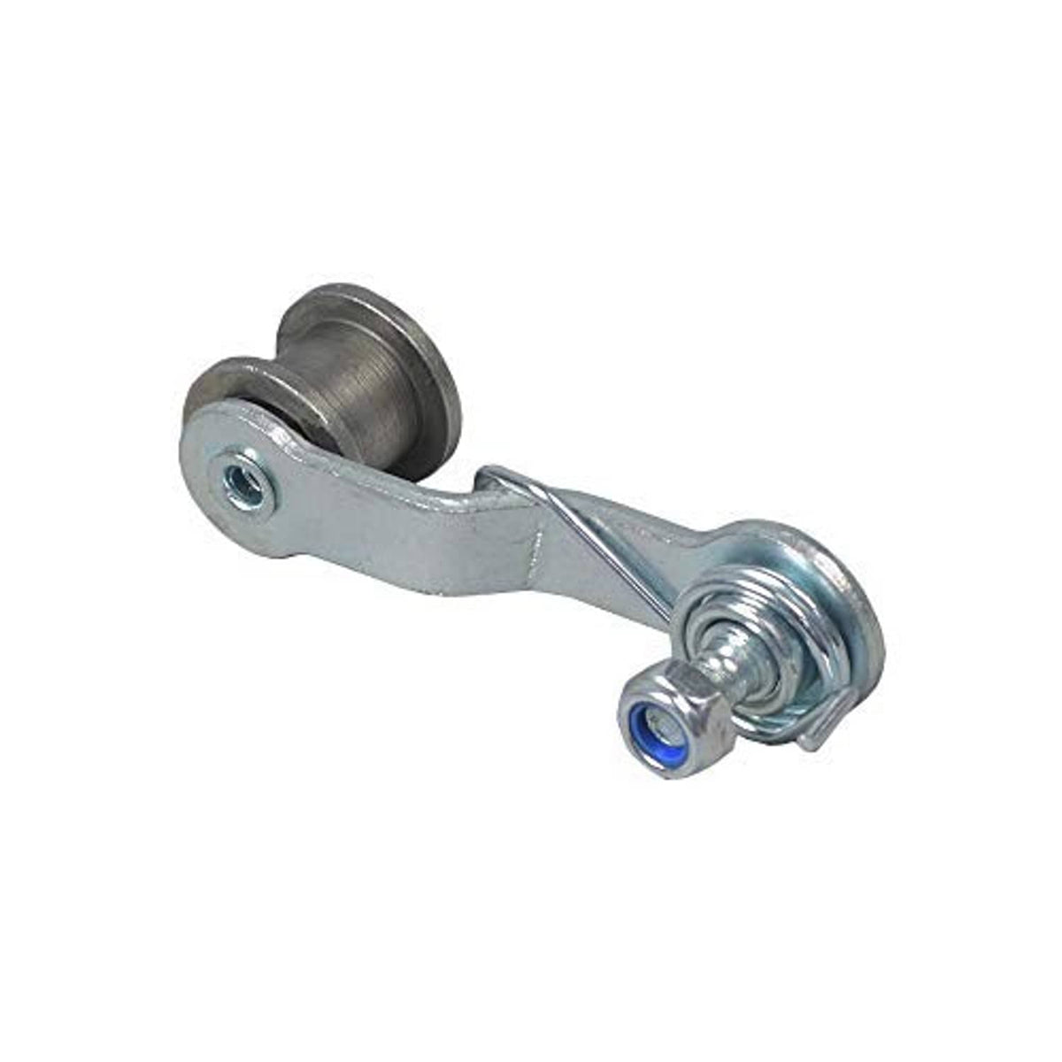 Chain tensioner lever with roller and mounting hole, silver-gray metal.