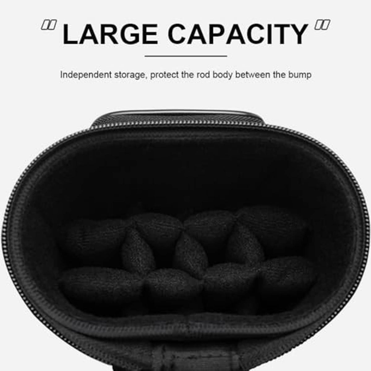 Open blue nylon pool cue case interior with padded foam compartments
