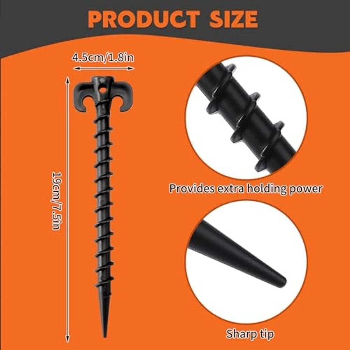 Black tent stake silhouette with C-hook head and sharp tip, size diagram