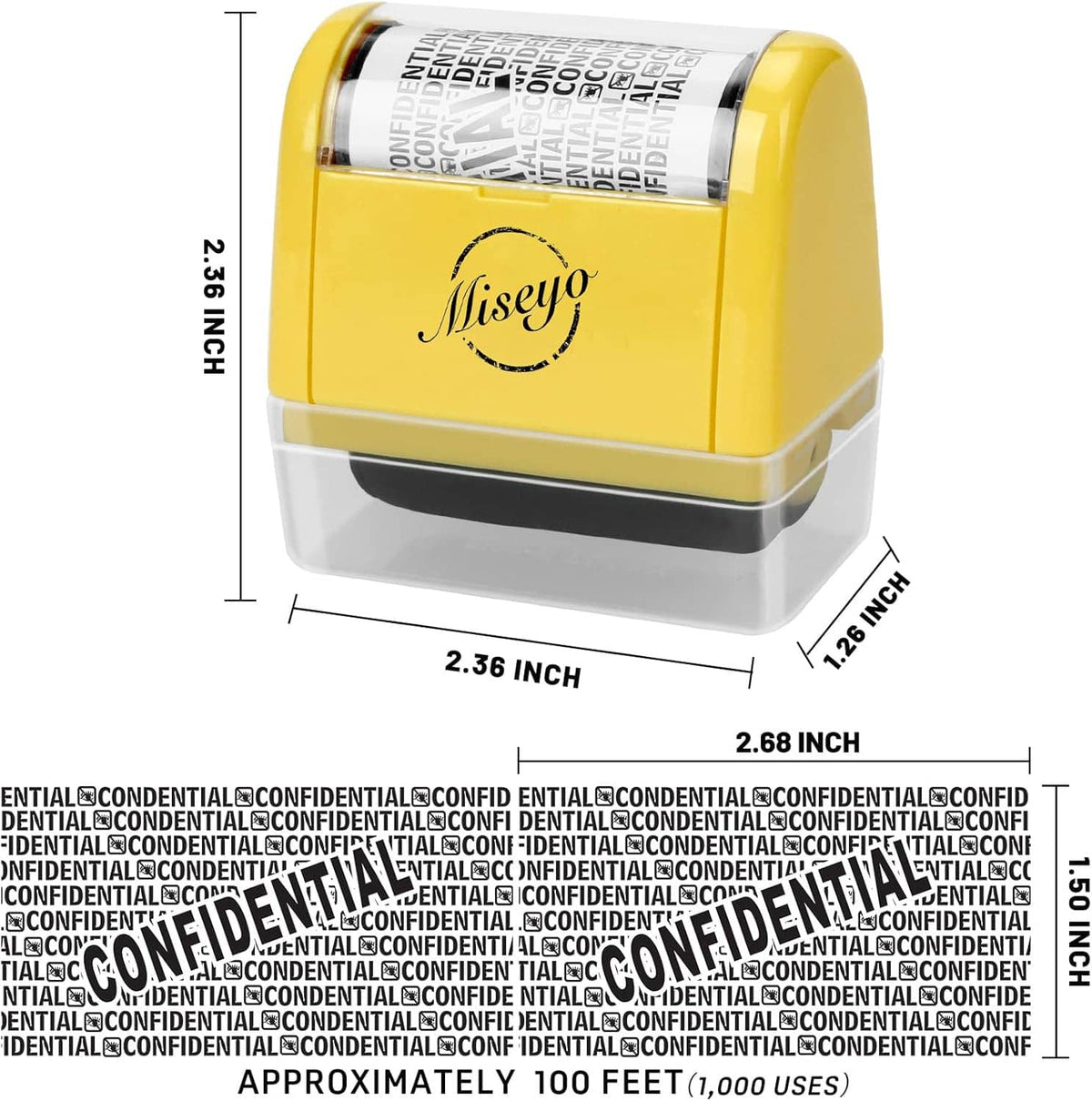 Yellow roller stamp with clear top window and black base, shown with size measurements
