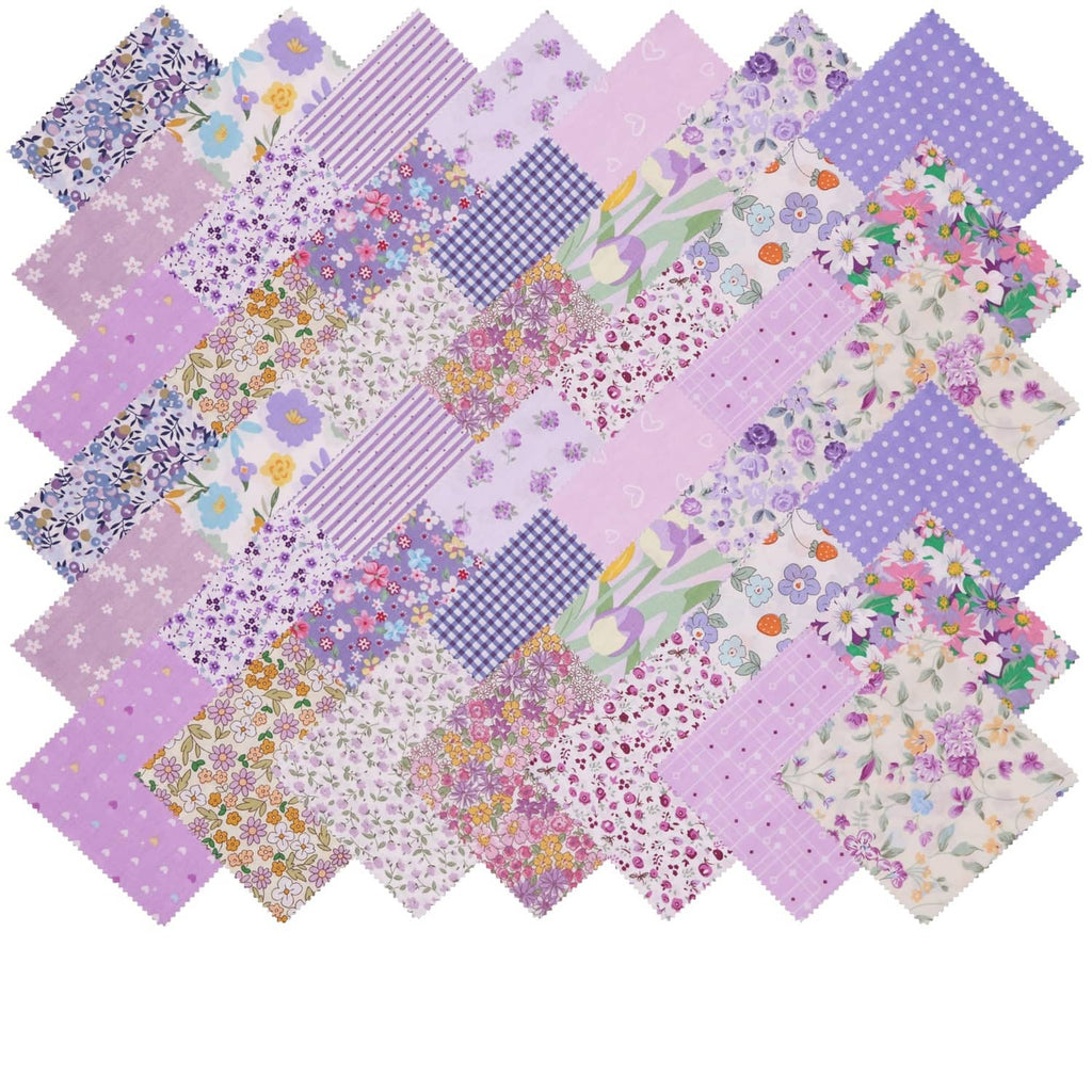 Purple cotton quilt charm pack squares with mixed floral and gingham prints