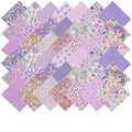 Purple cotton quilt charm pack squares with mixed floral and gingham prints