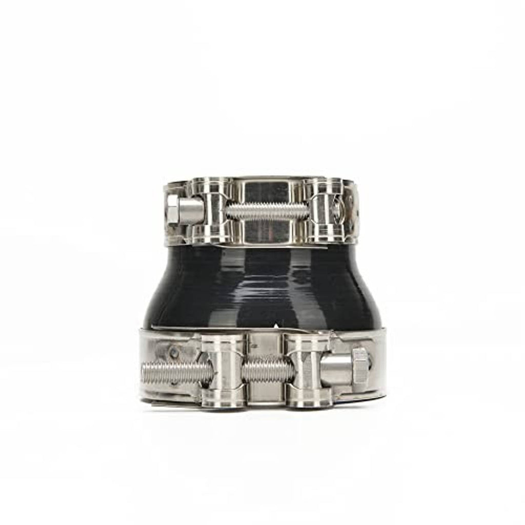 Black straight reducer coupler with stainless metal bands, 4-ply hose and blue rim