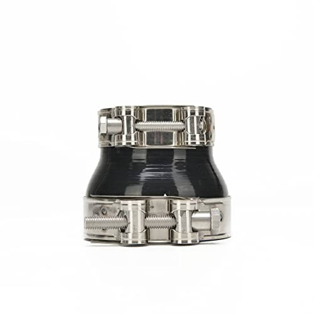 Black straight reducer coupler with stainless metal bands, 4-ply hose and blue rim