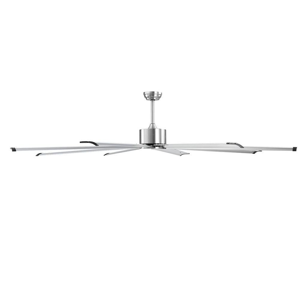 Side view of nickel aluminum ceiling fan with 8 blades and reversible motor; no light kit.