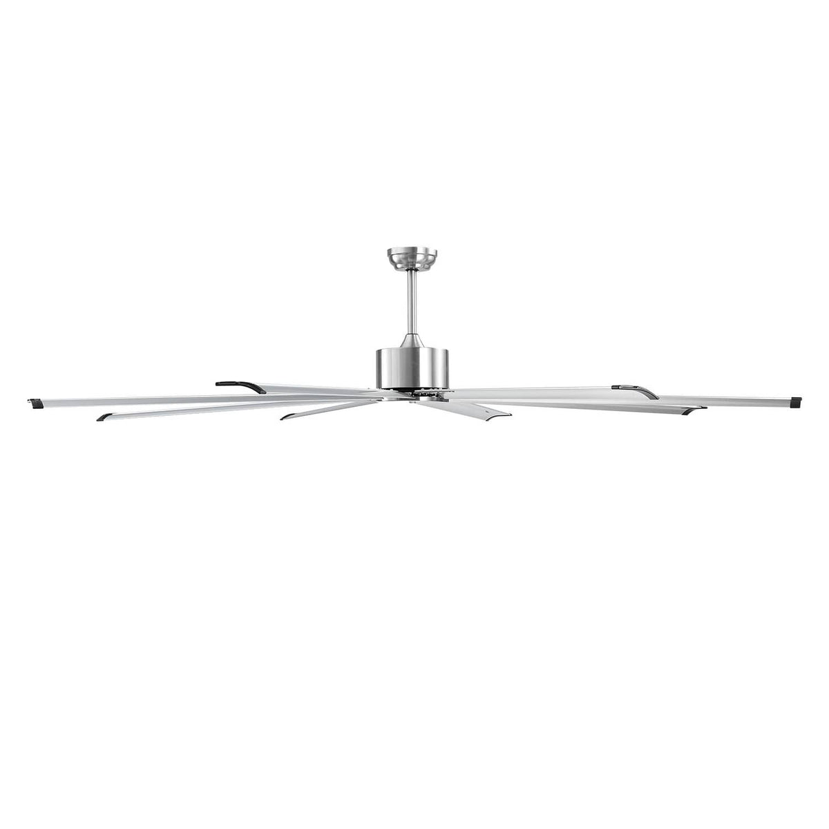 Side view of nickel aluminum ceiling fan with 8 blades and reversible motor; no light kit.