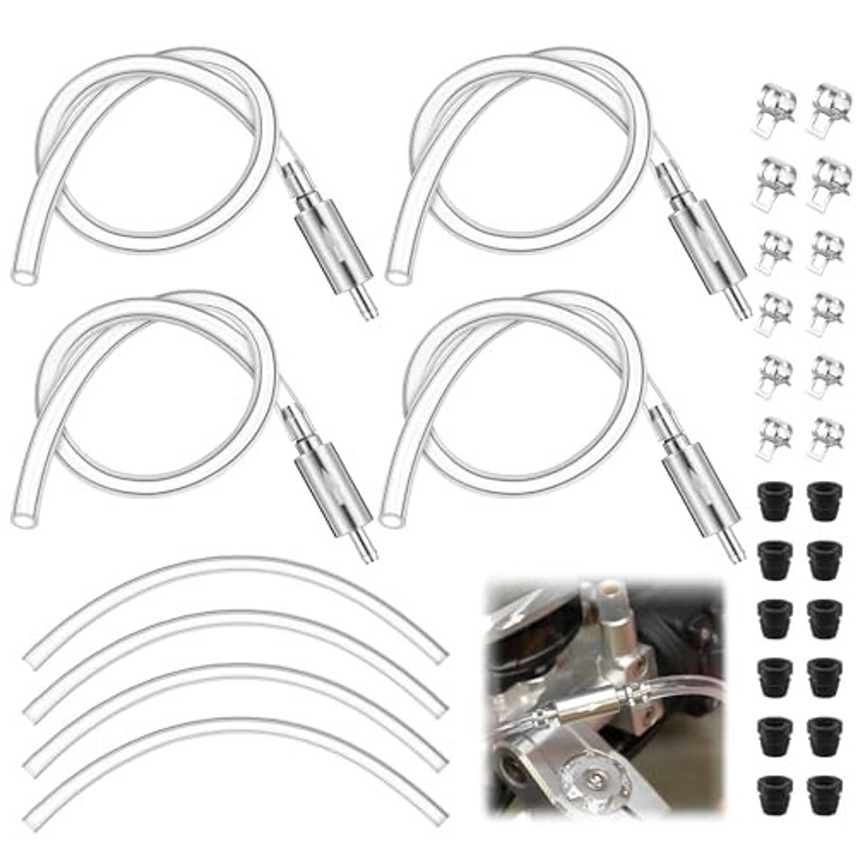 Brake bleeder kit set with four clear hoses, silver nozzles, and included clamps