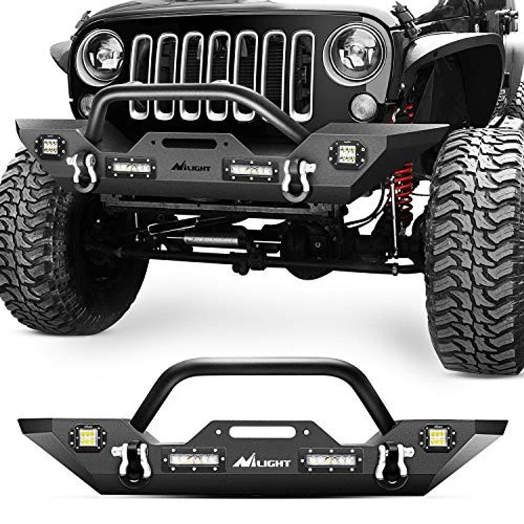 Black off-road front bumper with integrated LED pods, grille guard, and winch area