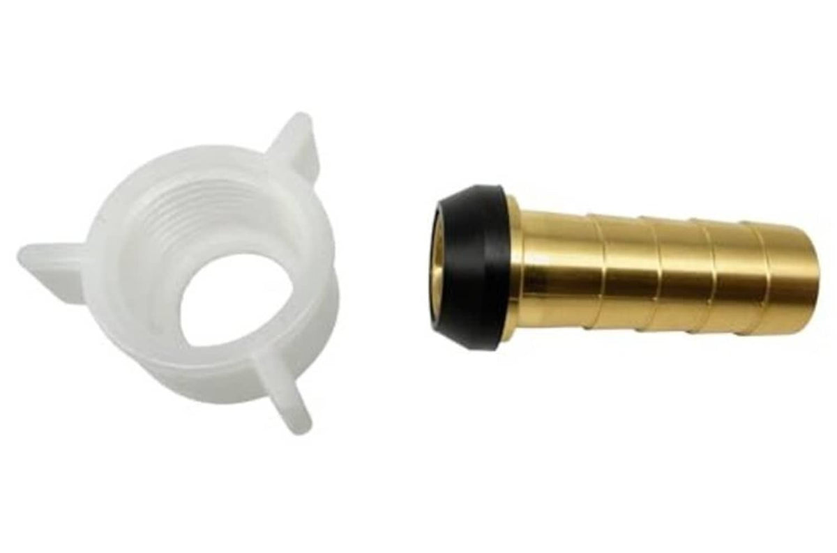 Brass barb swivel nut adaptor with black gasket, white insert, separated piece view