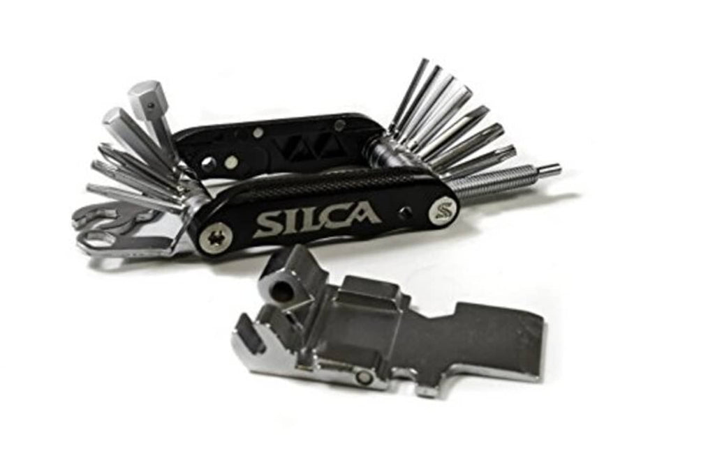 SILCA multi-tool with black handle and extended tools, including wrench-like blade
