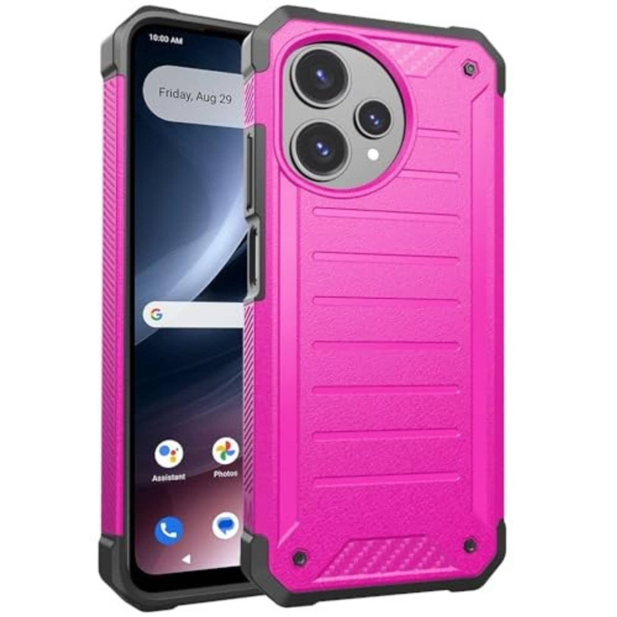 Pink rugged phone case with screen opening and raised camera protection