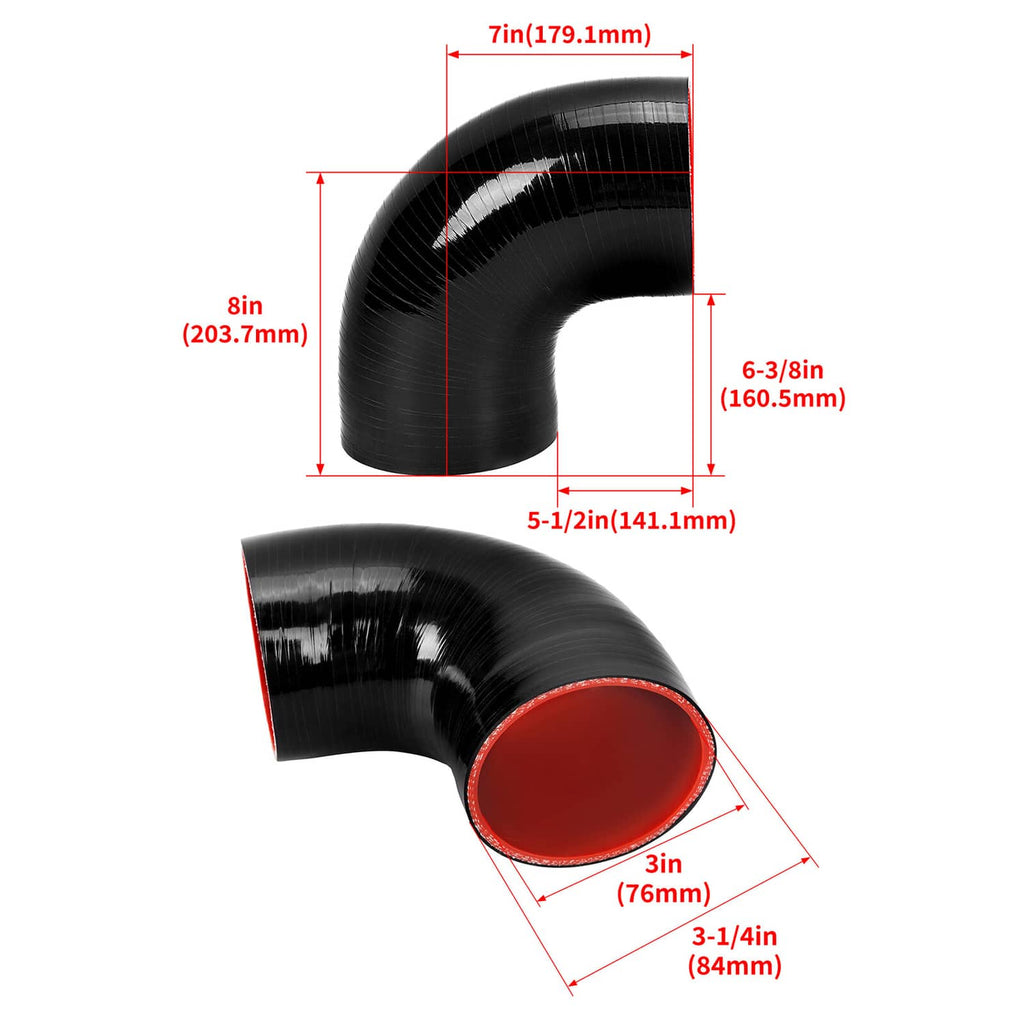 Black 90-degree silicone hose elbow diagram with red-lined port dimensions