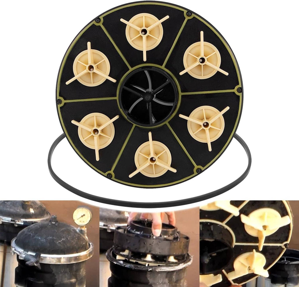 6-port water valve module, black round housing with six beige impellers and center hub