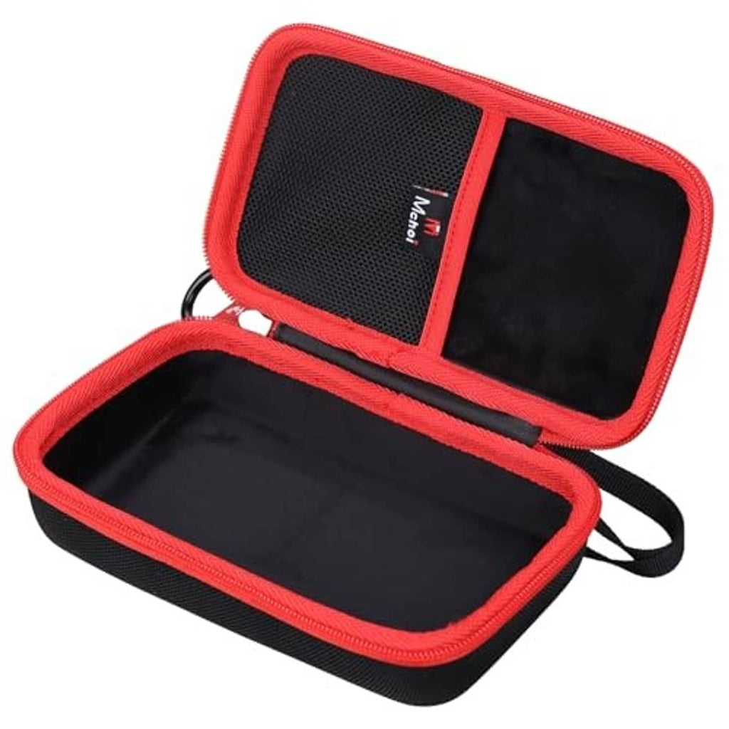 Red and black hard EVA case shown open with empty interior and elastic carry strap.