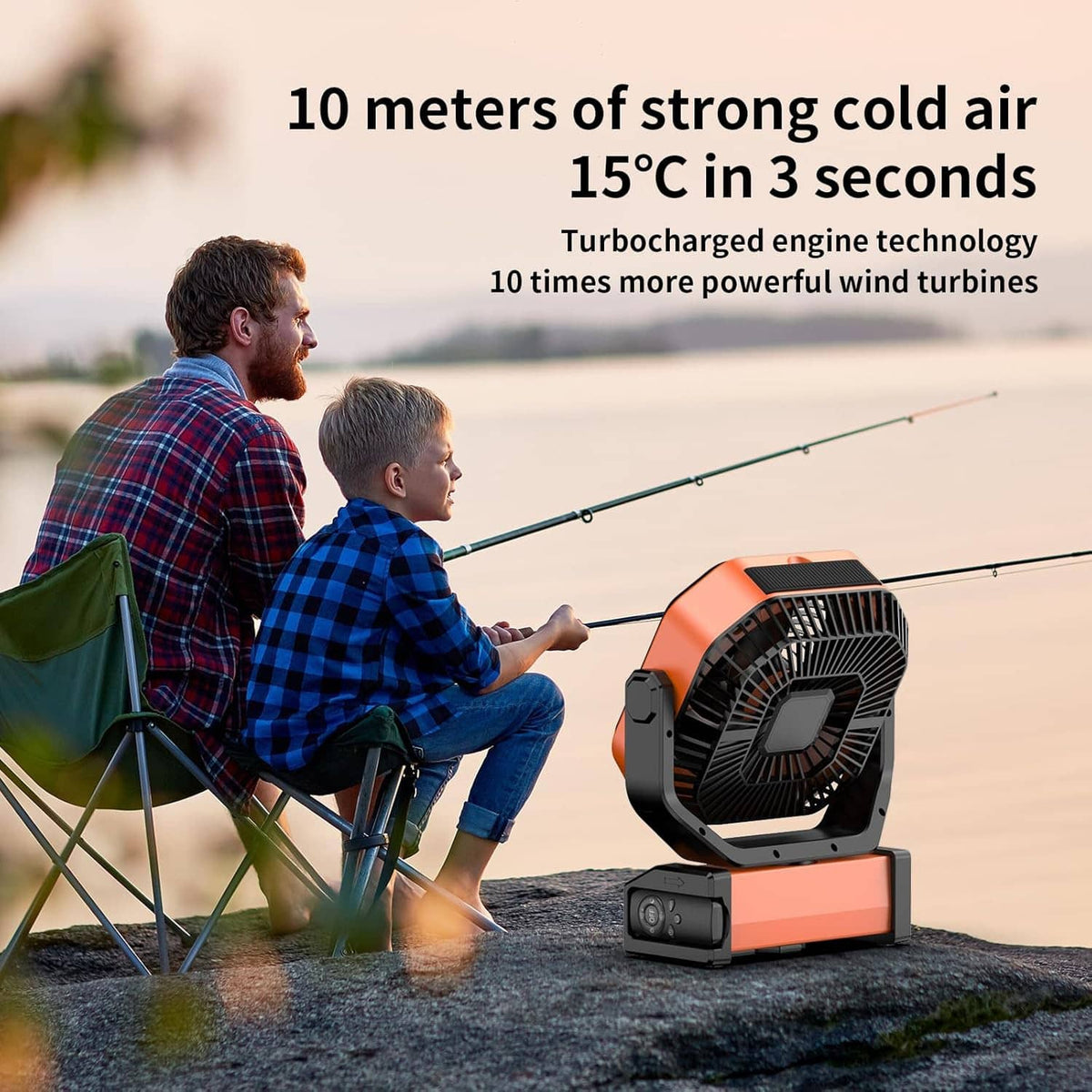 Rechargeable camping fan with light, orange and black portable fan beside camping chairs