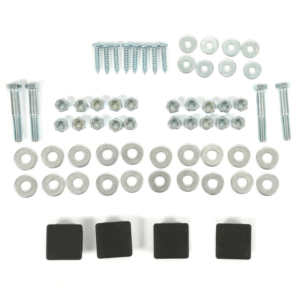 Bunk board guide kit hardware set: bolts, nuts, washers, and four black square pads