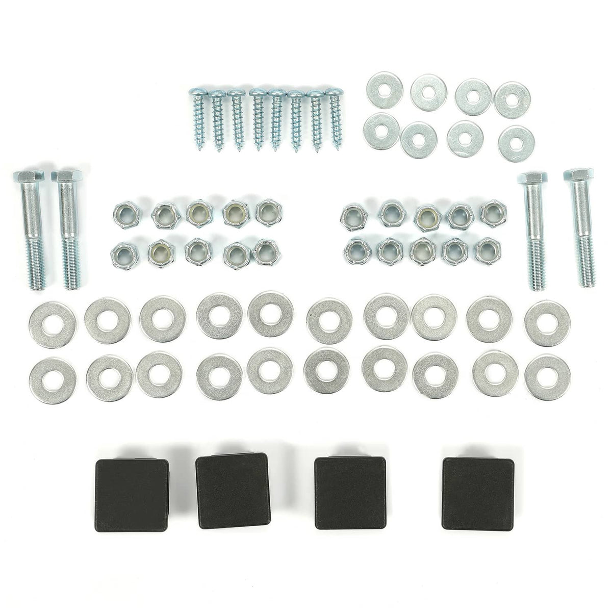 Bunk board guide kit hardware set: bolts, nuts, washers, and four black square pads