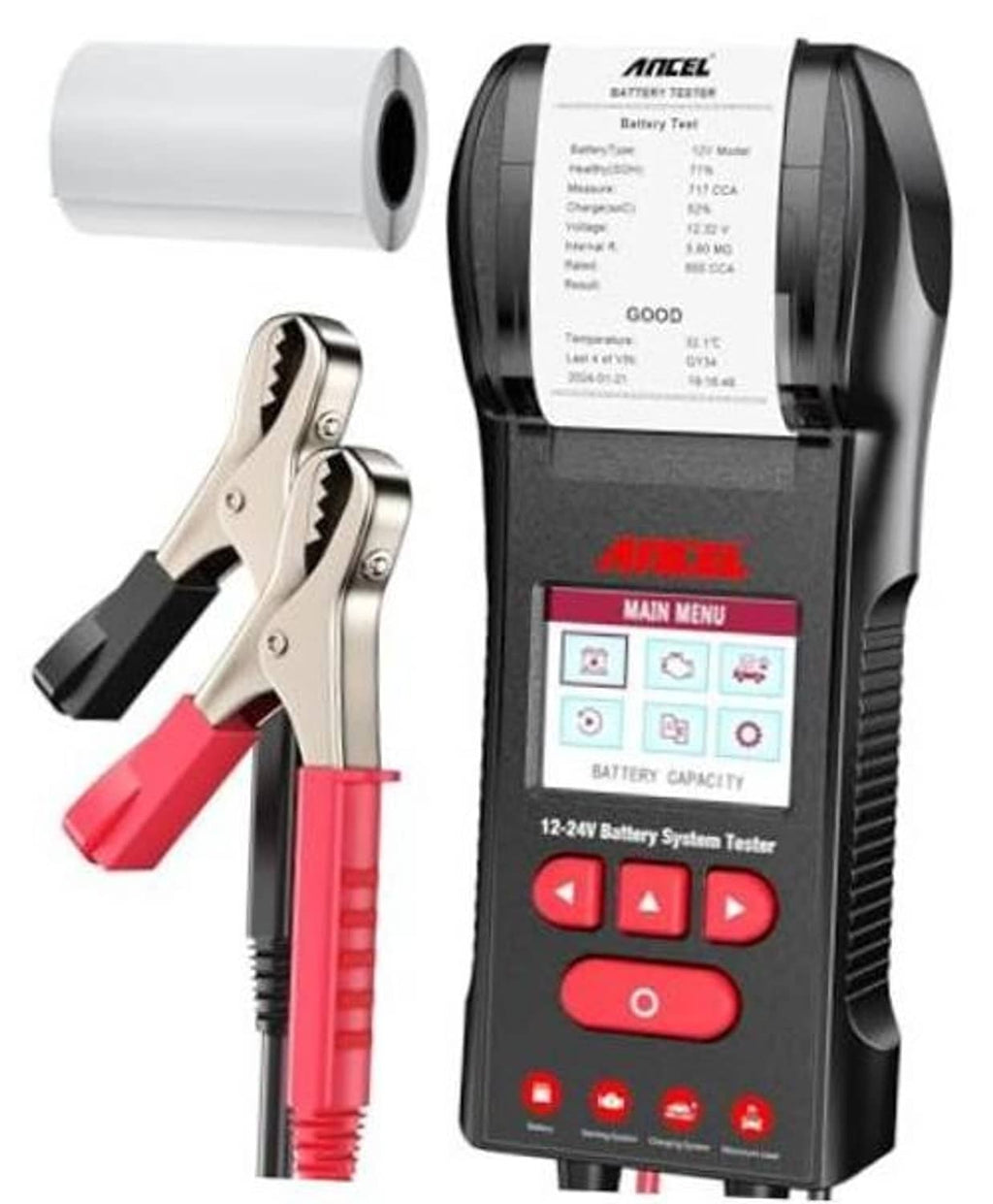 Automotive battery tester with clamp leads and black body with red controls