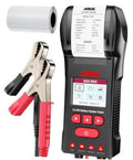 Automotive battery tester with clamp leads and black body with red controls