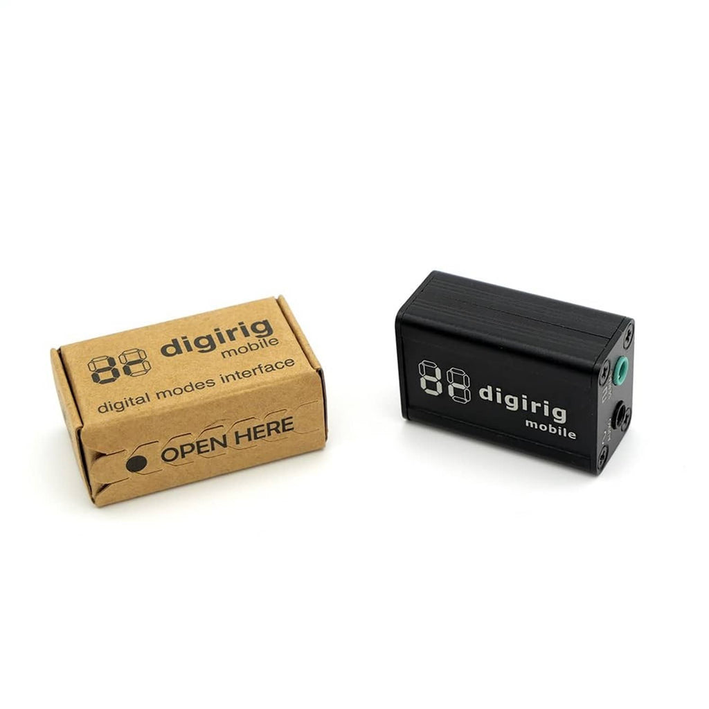Black Digirig mobile digital modes interface next to a cardboard retail box