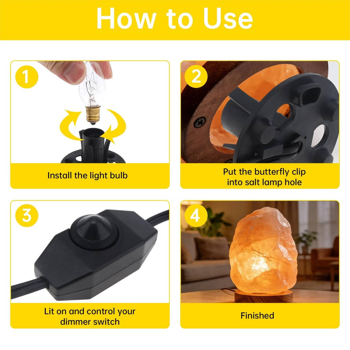 Black dimmer cord control box and power cord shown in step-by-step use layout