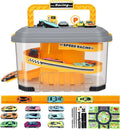 Orange and gray car track storage playset with clear top, track pieces, and toy vehicles