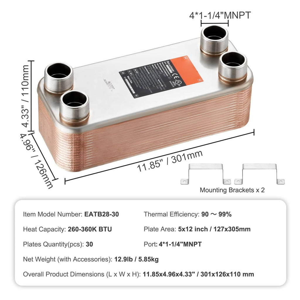 Copper plate heat exchanger with four 4-1/1-4\" MNPT ports and mounting brackets.