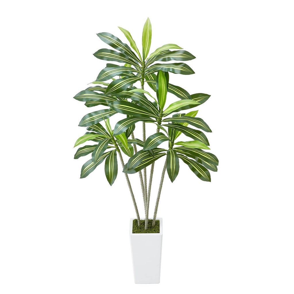 Artificial dracaena tree with green leaves and white pot, centered front view